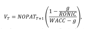 Equation: VT = NOPAT T+1 ((1 - g/RONIC)/(WACC - g))
